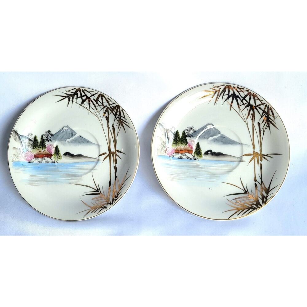 Kutani China Hand Painted Dessert Plates Mountain Trees